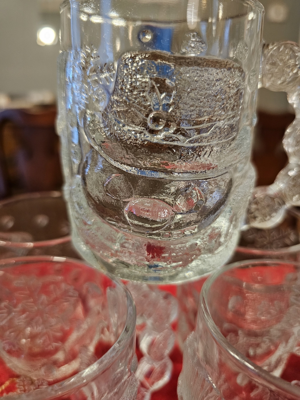 Set Of 5 Luminarc Snow Man Clear Glass 3D Holiday Mug Snowflake Handle 4”X 3”